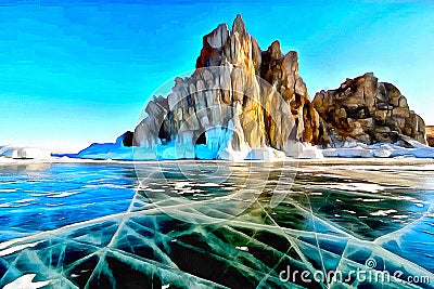 View of a lonely Rock in the Ice of a winter Mountain Lake Stock Photo