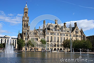 Mirror Pool, fountain and Bradford City Hall Editorial Stock Photo