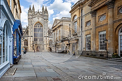 View looking down Abbey Churchyard to Bath Abbey deserted due to Coronavirus pandemic in Bath, Somerset, UK Editorial Stock Photo