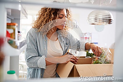 View Looking Out From Inside Of Refrigerator As Woman Unpacks Online Home Food Delivery Stock Photo
