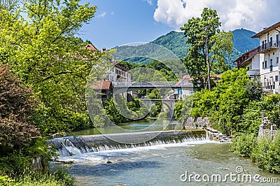 A view looking up the Selca Sora river in the old town of Skofja Loka, Slovenia Stock Photo