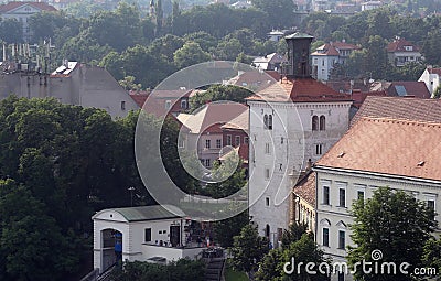 View of Lotrscak Tower, fortified tower located in old part of Zagreb Stock Photo