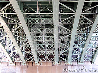 View of the lower metal structure of the bridge from the steamer deck, historical city center, Vltava panorama, sunny summer day Stock Photo
