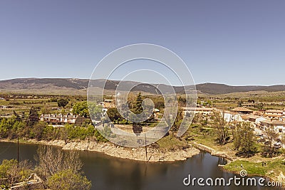 View of Lozoya river and Buitrago de Lozoya village. Sierra of Guadarrama. Madrid. Spain Stock Photo