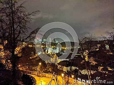 View of Luxemburg City, outside the wall at night in Luxembourg Stock Photo