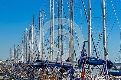 View of luxurious yachts tied up at the dock of a marine Editorial Stock Photo