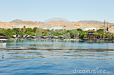 View from the luxury yacht on the dolphin reef and the beach for tourists and divers Stock Photo