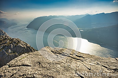 View at Lyse fjord and Preikestolen cliff in Norway Stock Photo
