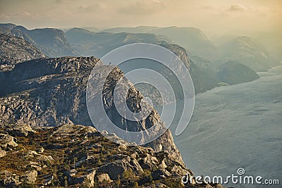 View at Lyse fjord and Preikestolen cliff in Norway Stock Photo