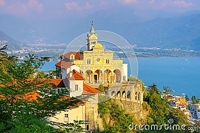 View of Madonna del Sasso Church above Locarno city and the Maggiore lake Stock Photo