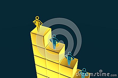 View through a magnifying glass at businessmen. Figures of people who stand on cubes in the form of a ladder. 3d Stock Photo