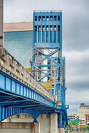 View of the main bridge in Jacksonville Florida with city buildings on the background Editorial Stock Photo