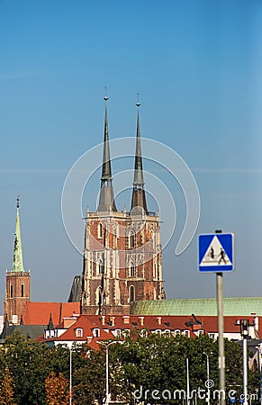 View of the main Catholic church in the old European city. Stock Photo