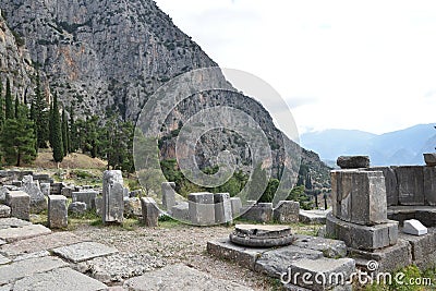 View of the main monuments of Greece. Ruins of ancient Delphi. Oracle of Delphi. Mount Parnassus. Stock Photo