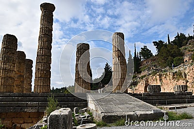 View of the main monuments of Greece. Ruins of ancient Delphi. Oracle of Delphi. Mount Parnassus. Stock Photo