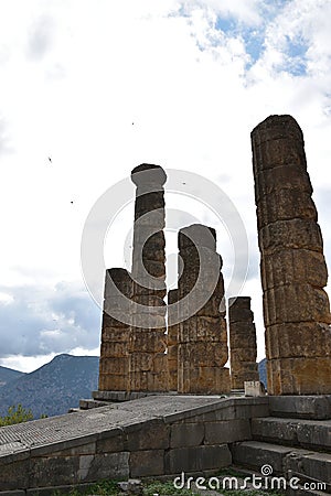 View of the main monuments of Greece. Ruins of ancient Delphi. Oracle of Delphi. Mount Parnassus. Stock Photo