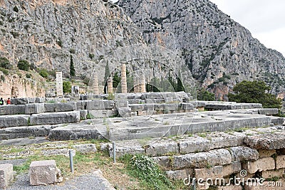 View of the main monuments of Greece. Ruins of ancient Delphi. Oracle of Delphi. Mount Parnassus Stock Photo