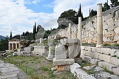 View of the main monuments of Greece. Ruins of ancient Delphi. Oracle of Delphi. Mount Parnassus. Stock Photo