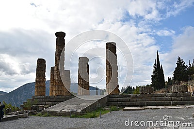 View of the main monuments of Greece. Ruins of ancient Delphi. Oracle of Delphi. Mount Parnassus. Stock Photo