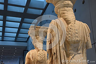 View of the main monuments and sites of Athens (Greece). Acropolis Museum. The Cariatides from the Temple of Athena. Editorial Stock Photo