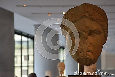 View of the main monuments and sites of Athens (Greece). Acropolis Museum. Statues sculptures vessels and coins Editorial Stock Photo