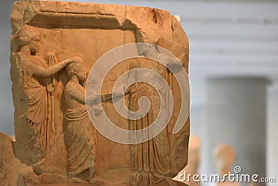 View of the main monuments and sites of Athens (Greece). Acropolis Museum. Statues sculptures vessels and coins Editorial Stock Photo