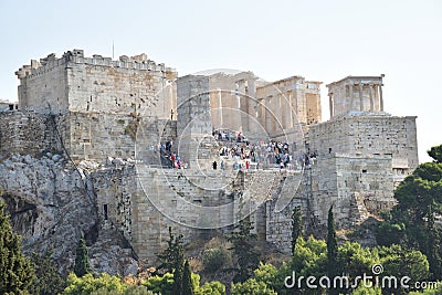 View of the main monuments and sites of Athens (Greece). View of the Acropolis and the Parthenon. Editorial Stock Photo