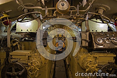 View of the main passage inside the submarine, appliances, hatches, pipelines Editorial Stock Photo
