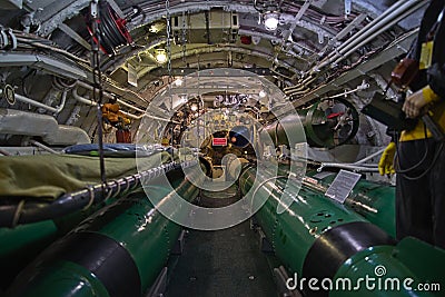 View of the main passage inside the submarine, appliances, hatches, pipelines Editorial Stock Photo