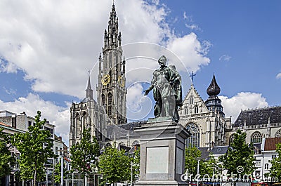 View of the main square of Antwerp surrounded by old buildings. Belgium Stock Photo