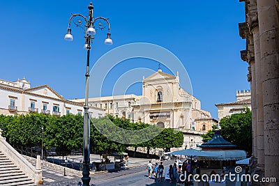 View of the main street of Noto with the church of Santissimo Sa Editorial Stock Photo