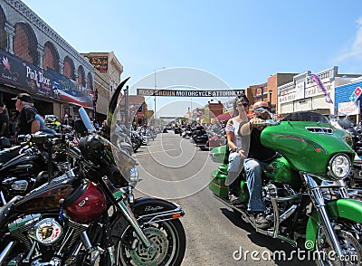 View of Main Street during 77th Motorcycle Rally, downtown Sturgis, SD Editorial Stock Photo