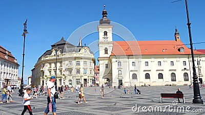 View of main town square Piata Mare in Sibiu. Sibiu, Romania, July 18, 2019: view of main town square Piata Mare in Sibiu, Transylvania, Romania, panorama View of main town square Piata Mare in Sibiu. Sibiu, Romania, July 18, 2019: view of main town square Piata Mare in Sibiu, Transylvania, Romania, panorama