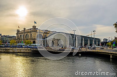 View of the main train station in the swiss city zurich reflecting on surface of the limmat river...IMAGE Editorial Stock Photo