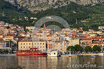 View of Makarska city center from the sea. Adriatic Sea coast, Dalmatia, Croatia Editorial Stock Photo