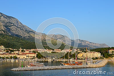 View of Makarska city center from the sea. Adriatic Sea coast, Dalmatia, Croatia Editorial Stock Photo