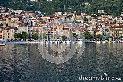 View of Makarska city center from the sea. Adriatic Sea coast, Dalmatia, Croatia Editorial Stock Photo