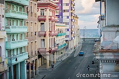 View of the Malecon from a Balcony in Central Havana, Cuba Stock Photo