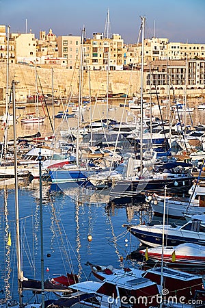 View on Malta bay between Kalkara and Birgu at morning Stock Photo