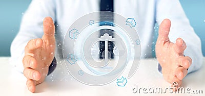 Man holding a Technology justice icon on a circle 3d rendering Stock Photo