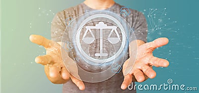 Man holding a Technology justice icon on a circle 3d rendering Stock Photo