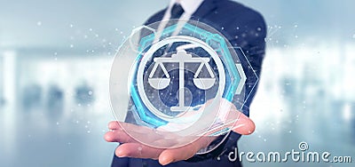 Man holding a Technology justice icon on a circle 3d rendering Stock Photo