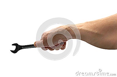 View of a man`s hand holding combination wrench isolated on white background. Stock Photo