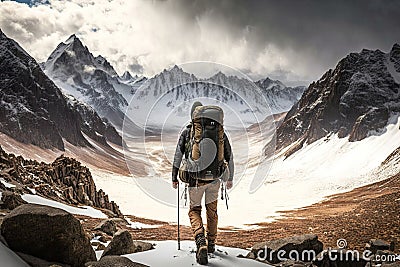 view of man, surrounded by the rugged beauty of a snowy mountain range, with his pack and trekking poles in hand Stock Photo