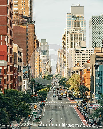 View of a Manhattan city street with tall buildings, from the Ed Koch Queensboro Bridge, New York City Editorial Stock Photo