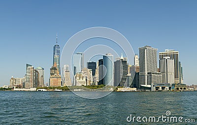 View of Manhattan skyscrapers from the sea side Stock Photo