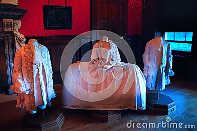 View of mannequins displaying white medieval-style male and female cloths Editorial Stock Photo