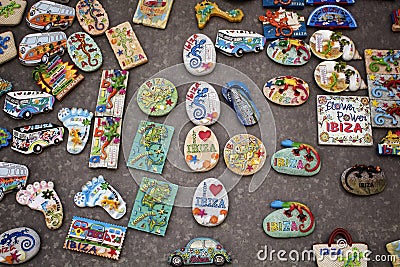 View of many Ibiza souvenirs / magnets. Editorial Stock Photo