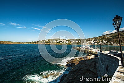 View of Marina at the Andros island, Aegean sea. Stock Photo