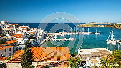 View of Marina at the Andros island, Aegean sea. Stock Photo